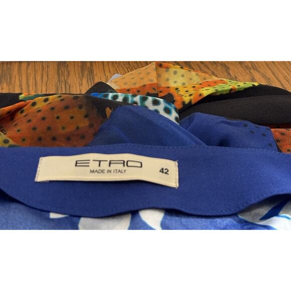 ETRO Blue Multi Floral Stretch Silk Sleeveless/Cowl/Ruched Sheath DRESS IT42/US6 - Picture 2 of 6